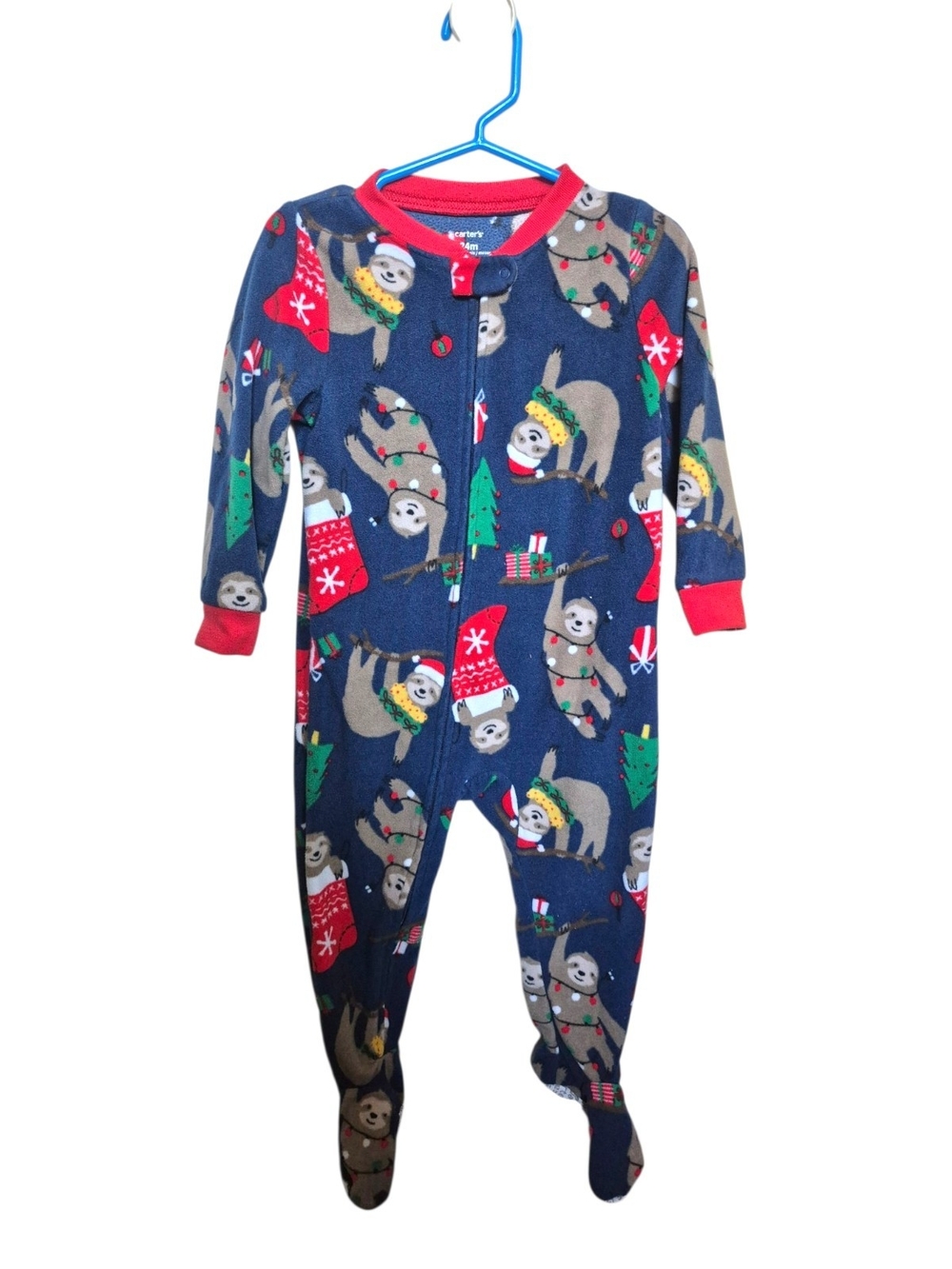 Carter's Navy and Red Sloth Holiday Footed One-Piece